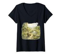 Women's Peaceful Eco Cottage Riverside Scene V-Neck T-Shirt