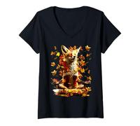 Womens Peaceful Fox Fall Leaves Meditating Zen Animal Autumn Yoga V-Neck T-Shirt