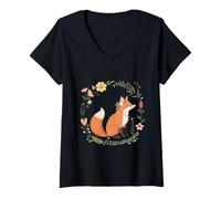 Womens Peaceful Fox in Floral Woodland Circle V-Neck T-Shirt