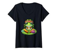 Womens Peaceful Hippie Frog On Lily Pad V-Neck T-Shirt
