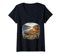 Women's Peaceful Lakeside Camp Adventure Wilderness Scene V-Neck T-Shirt