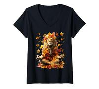 Womens Peaceful Lion with Fall Leaves Meditating Animal Yoga Autumn V-Neck T-Shirt