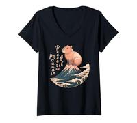 Women's Peaceful Mountain Capybara Mount Fuji Kawaii Rodent V-Neck T-Shirt