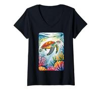 Women's Peaceful Ocean Turtle & Colorful Reef V-Neck T-Shirt