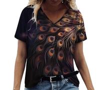 Women's Peacock Feather 3D Printed Short Sleeve V-Neck Graphic T-Shirt Fashion Elegant Retro Pullover Tee Casual Blouse Tops