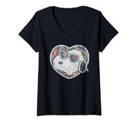 Womens Peanuts Groovy Vibes Snoopy Love Heart Shades Retro Rainbow V-Neck T-Shirt
