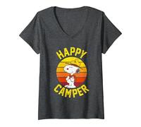 Women's Peanuts Happy Camper Snoopy V-Neck T-Shirt, Dark Heather Grey, Small