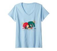 Womens Peanuts Retro Xmas Sally Schroeder Piano Mistletoe Kiss Art V-Neck T-Shirt
