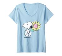 Womens Peanuts Snoopy Pink Daisy Flower V-Neck T-Shirt