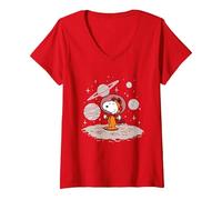 Women's Peanuts - Snoopy Planets and Starfield V-Neck T-Shirt, Red, Small