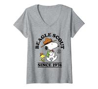 Women's Peanuts - Snoopy Woodstock Beagle Scout 50 Years Since 1974 V-Neck T-Shirt, Heather Grey, Small