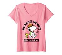 Women's Peanuts - Snoopy Woodstock Beagle Scout 50 Years Since 1974 V-Neck T-Shirt, Pink, Medium