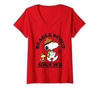 Women's Peanuts - Snoopy Woodstock Beagle Scout 50 Years Since 1974 V-Neck T-Shirt, Red, Medium