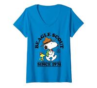 Women's Peanuts - Snoopy Woodstock Beagle Scout 50 Years Since 1974 V-Neck T-Shirt, Sapphire Blue, Medium
