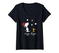 Women's Peanuts Snoopy Woodstock Cozy Days Winter Star Walks Classic V-Neck T-Shirt