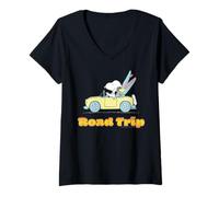 Women's Peanuts Snoopy Woodstock Road Trip Summer Retro Adventure V-Neck T-Shirt