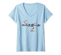Women's Peanuts Tokyo Snoopy Charlie Brown Lucy Retro Baseball Kanji V-Neck T-Shirt