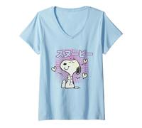 Womens Peanuts Tokyo Snoopy Love Hearts Vintage Japan VHS BFF Kanji V-Neck T-Shirt
