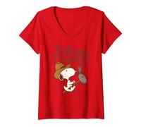 Women's Peanuts - Western Snoopy Ride Em Cowboy V-Neck T-Shirt, Red, Large