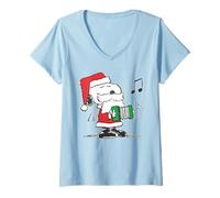 Womens Peanuts Xmas Santa Snoopy Music Party 80s Retro Vibes Gifts V-Neck T-Shirt