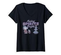 Women's Peanuts Xmas Snoopy Woodstock Making Spirits Bright Vintage V-Neck T-Shirt