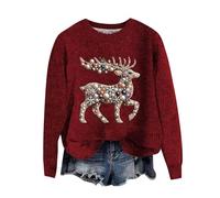 Women's Pearl and Gem Reindeer Knitted Print Jumpers, Christmas Novelty Graphic Crewneck Chunky Sweatshirts for Women Fall Winter Plus Size Xmas Fashion Pullover Tops (Red, XXL)