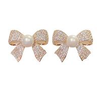 Women's Pearl Bow Rhinestone Dangle Earrings for Ramadan, Mother's Day, Wedding - Elegant Gold Accessories Jewelry (One Size)