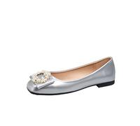 Women's Pearl-Decorated Ballet Flats with Closed Square Toe, Easy Slip-On Dress Shoes for Comfortable Work and Walking Silver
