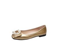 Women's Pearl-Decorated Ballet Flats with Closed Square Toe, Easy Slip-On Dress Shoes for Comfortable Work and Walking Gold