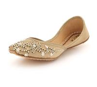 Womens Pearl Embroidered Punjabi Khussa Handmade Ethnic Mojari Slip-On Flats Bridal Wedding Festive Party Ladies Beige Gold Shoes Size 8 UK 41 EU