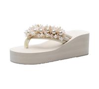 Womens Pearl Flip Flops Ladies Wedge Platform Wide Sandals Open Toe Beach Sliders Arch Support Summer Slip on Casual Comfortable Sole Lightweight Walking Slippers (Beige, 5)