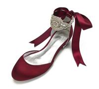 Women's Pearl Ivory Flat Wedding Shoes Low Heels Bridal Flats Evening Prom Party Dress Shoes Pumps,Wine red,5 UK