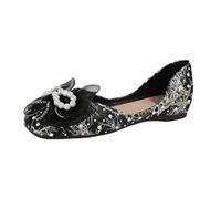 Women's Pearl Lace Bow Knot Ballet Flat Flower Print Slip-On Shallow Mouth Doll Shoes Memory oam Footbed Loafer Wide Width Square Toe Pumps for Elegant Vacation Beach rty (Black, 7.5)