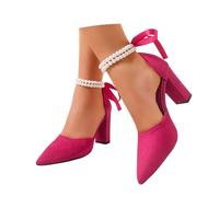Women's Pearl Lace Up Block Heel Sandals Elegant Pointed-Toe Suede Wedding Shoes with Beaded Ankle Strap Wide Fit Comfortable Summer Footwear for Bridal Party, Evening Dress and Prom Night