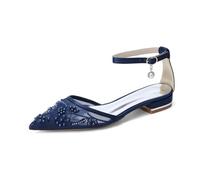 Womens Pearl Low Heels Wedding Shoes for Bride Closed Pointed Toe Ankle Strap Lace Flats,Navy,10 UK