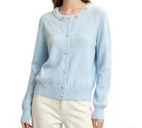 Women's Pearl Round Neck Knit Sweater Solid Summer Top(Blue One Size)