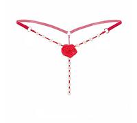 Women's Pearl T Back G String Embroidery Rose Flowers Beaded Thong Panty Underwear Sexy Micro Underpant, Red, One Size