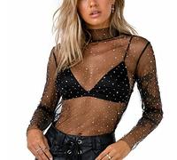 Women's Pearl Top Transparent Sexy Mesh Mesh T-Shirt Long Sleeve Chic and Elegant Shirt for Evening Party Club, Black rhinestones, XL