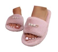 Women's Pearl Trim Slippers One Band Fluffy Warm House Shoes | Pearl trim adds a stylish touch to a fluffy one-band design, providing cosy comfort for home lounging and light outdoor