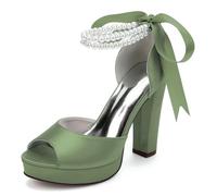 Women's Pearls Ankle Strap Bridal Sandals High Block Heels Platform Satin Peep Toe Wedding Dress Evening Shoes 6118-01S,Olive Green,4 UK