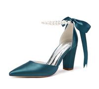 Women's Pearls Ankle Strap Bridal Shoes Chunky Block Heel Pumps Satin Pointed Toe Ribbon Wedding Party Court Shoes CG2230-06ZZ,Teal,5 UK