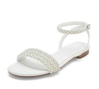 Women's Pearls Flat Bridal Sandals Ankle Strap Open Toe Wedding Dress Bridesmaid Shoes,Ivory,7 UK