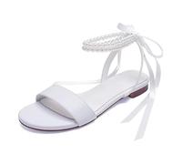 Women's Pearls Flat Bridal Sandals Lace-Up Open Toe Ankle Strap Wedding Dress Party Shoes,White,8 UK