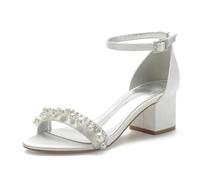 Women's Pearls Satin Wedding Shoes for Bride Sexy Open Toe Block Heels Wedding Sandals Bridal Shoes Party Dress Shoes,Ivory,10 UK