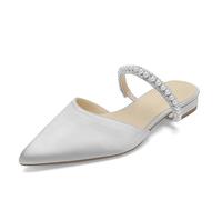 Women's Pearls Strappy Bridal Shoes Flat Mules Pointed Closed Toe Satin Backless Slides Wedding Dress Sandals,Silver,5.5 UK
