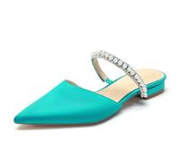 Women's Pearls Strappy Bridal Shoes Flat Mules Pointed Closed Toe Satin Backless Slides Wedding Dress Sandals,Teal,8 UK
