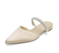 Women's Pearls Strappy Bridal Shoes Flat Mules Pointed Closed Toe Satin Backless Slides Wedding Dress Sandals,Champagne,8.5 UK