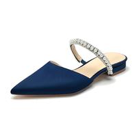 Women's Pearls Strappy Bridal Shoes Flat Mules Pointed Closed Toe Satin Backless Slides Wedding Dress Sandals,Navy,7 UK