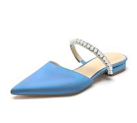 Women's Pearls Strappy Bridal Shoes Flat Mules Pointed Closed Toe Satin Backless Slides Wedding Dress Sandals,Light Blue,5 UK