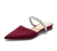 Women's Pearls Strappy Bridal Shoes Flat Mules Pointed Closed Toe Satin Backless Slides Wedding Dress Sandals,Burgundy,9.5 UK